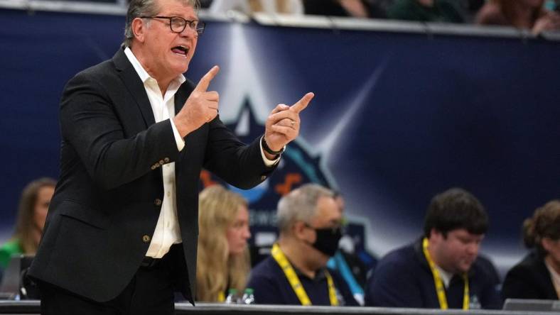 Apr 3, 2022; Minneapolis, MN, USA; UConn Huskies head coach Geno Auriemma shouts to his players during the first half against the South Carolina Gamecocks in the Final Four championship game of the women's college basketball NCAA Tournament at Target Center. Mandatory Credit: Kirby Lee-USA TODAY Sports