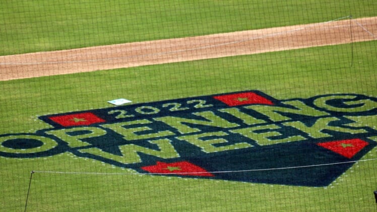 The Opening Week logo for minor league baseball is displayed on the 121 Financial Ballpark field for Jacksonville Jumbo Shrimp baseball media day on April 4, 2022. [Clayton Freeman/Florida Times-Union]