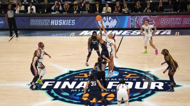 Apr 3, 2022; Minneapolis, MN, USA; A general overall view of the opening tipoff between UConn Huskies forward Olivia Nelson-Ododa (20) and South Carolina Gamecocks forward Victaria Saxton (5) in the Final Four championship game of the women's college basketball NCAA Tournament at Target Center. South Carolina defeated UConn 64-49. Mandatory Credit: Kirby Lee-USA TODAY Sports
