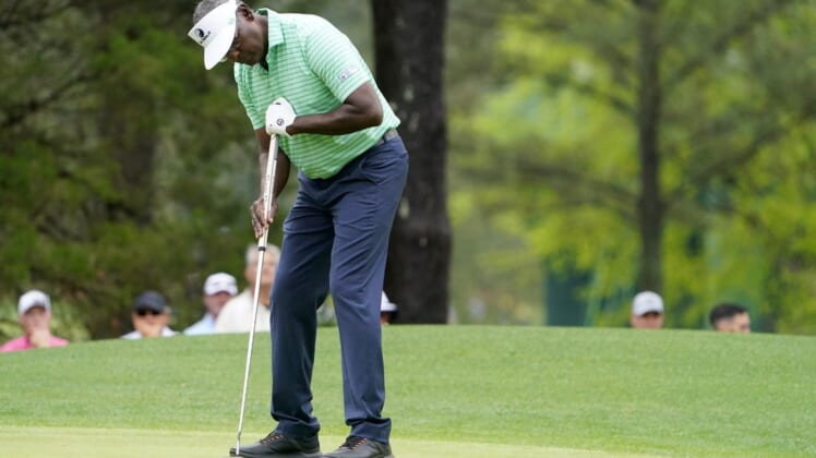 Apr 7, 2022; Augusta, Georgia, USA; Vijay Singh putts on the no. 6 green during the first round of The Masters golf tournament at Augusta National Golf Club. Mandatory Credit: Danielle Parhizkaran-Augusta Chronicle/USA TODAY Sports