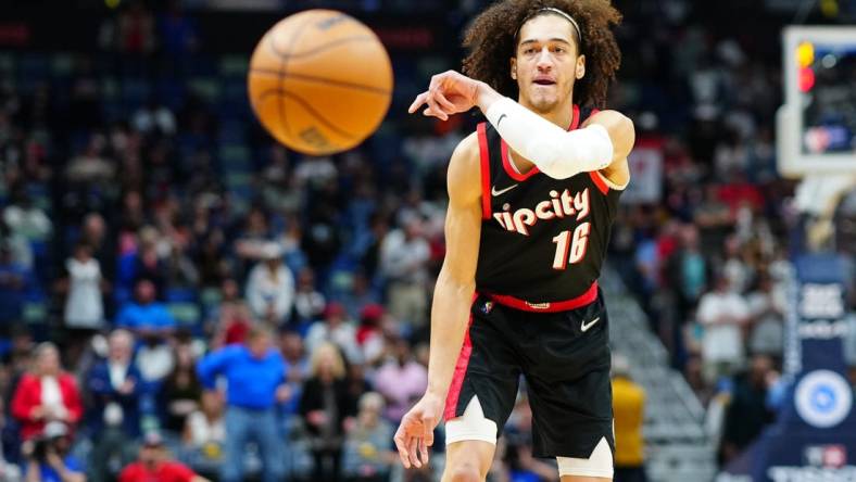 Apr 7, 2022; New Orleans, Louisiana, USA; Portland Trail Blazers forward CJ Elleby (16) passes the ball against the New Orleans Pelicans during the first quarter at Smoothie King Center. Mandatory Credit: Andrew Wevers-USA TODAY Sports