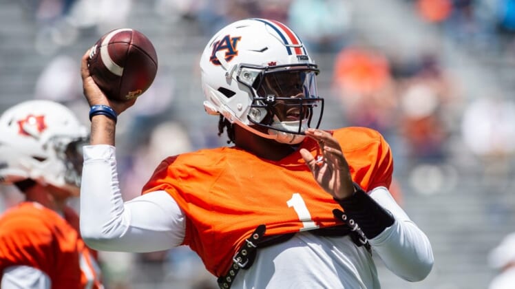 Auburn Tigers quarterback T.J. Finley (1) warms up during the A-Day spring practice at Jordan-Hare Stadium in Auburn, Ala., on Saturday, April 9, 2022.
