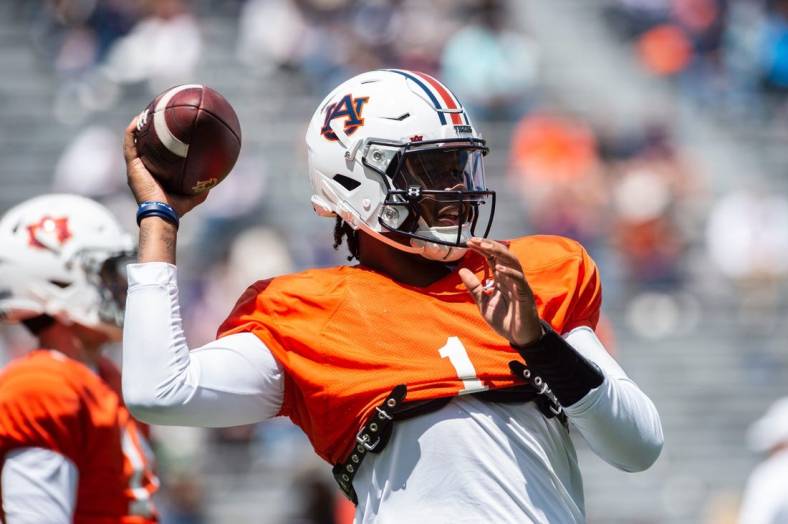 Auburn Tigers quarterback T.J. Finley (1) warms up during the A-Day spring practice at Jordan-Hare Stadium in Auburn, Ala., on Saturday, April 9, 2022.