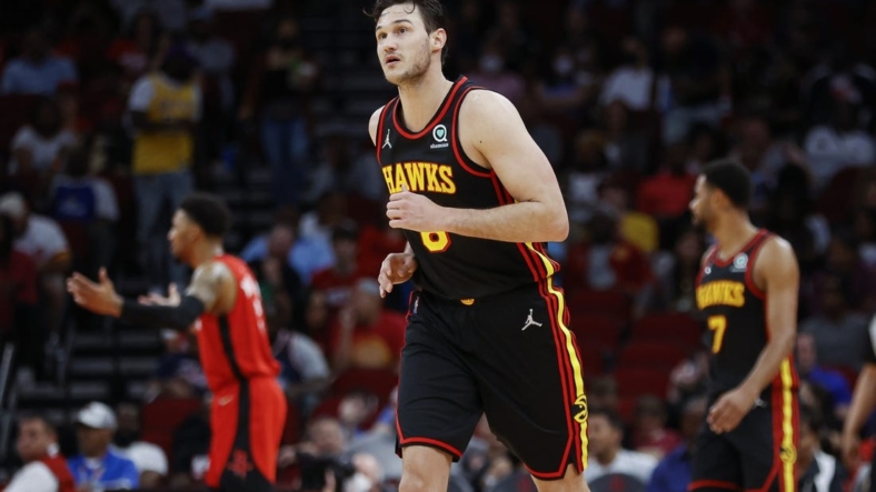 Apr 10, 2022; Houston, Texas, USA; Atlanta Hawks forward Danilo Gallinari (8) reacts after scoring a basket during the second quarter against the Houston Rockets at Toyota Center. Mandatory Credit: Troy Taormina-USA TODAY Sports