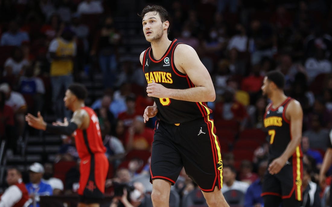 Apr 10, 2022; Houston, Texas, USA; Atlanta Hawks forward Danilo Gallinari (8) reacts after scoring a basket during the second quarter against the Houston Rockets at Toyota Center. Mandatory Credit: Troy Taormina-USA TODAY Sports