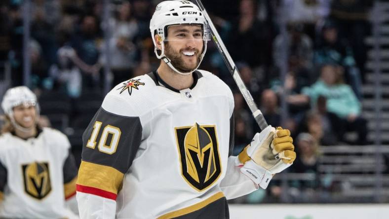 Apr 1, 2022; Seattle, Washington, USA; Las Vegas Golden Knights center Nicolas Roy (10) during a game against the Seattle Kraken at Climate Pledge Arena. Mandatory Credit: Stephen Brashear-USA TODAY Sports