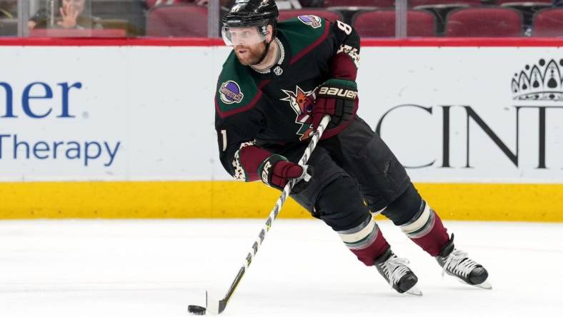 Apr 18, 2022; Glendale, Arizona, USA; Arizona Coyotes right wing Phil Kessel (81) skates against the Carolina Hurricanes during the second period at Gila River Arena. Mandatory Credit: Joe Camporeale-USA TODAY Sports