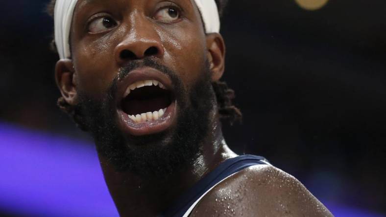 Apr 19, 2022; Memphis, Tennessee, USA; Minnesota Timberwolves guard Patrick Beverley (22) speaks to a referee during the second half of game two of the first round for the 2022 NBA playoffs against the Memphis Grizzlies at FedExForum. Mandatory Credit: Christine Tannous-USA TODAY Sports