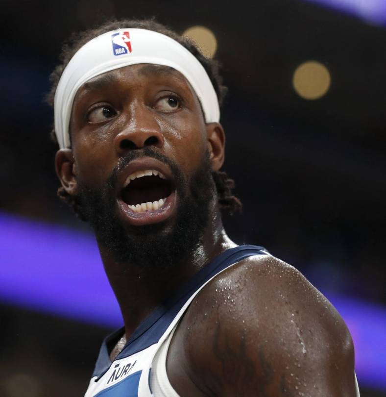 Apr 19, 2022; Memphis, Tennessee, USA; Minnesota Timberwolves guard Patrick Beverley (22) speaks to a referee during the second half of game two of the first round for the 2022 NBA playoffs against the Memphis Grizzlies at FedExForum. Mandatory Credit: Christine Tannous-USA TODAY Sports