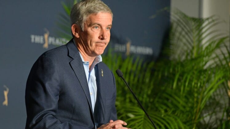 PGA Tour Commissioner Jay Monahan talks about the decision to cancel the last three days of The Players Championship because of the coronavirus during a press conference Friday, March 13, 2020 in Ponte Vedra Beach, Florida. [Will Dickey/Florida Times-Union]Fljax 031320 2playersfrida