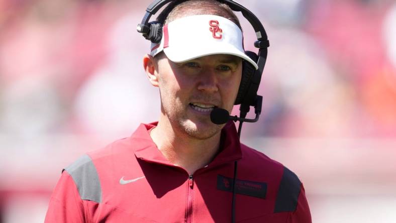 Apr 23, 2022; Los Angeles, CA, USA; Southern California Trojans coach Lincoln Riley during the spring game at the Los Angeles Memorial Coliseum. Mandatory Credit: Kirby Lee-USA TODAY Sports