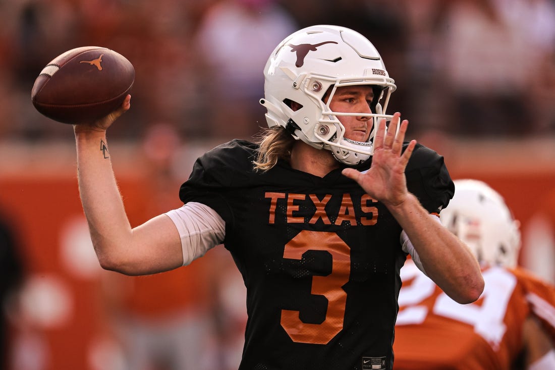 April 23, 2022; Austin, TX, USA; Texas quarterback Quinn Ewers (3) throws a pass during Texas's annual spring football game at Royal Memorial Stadium in Austin, Texas on April 23, 2022. Mandatory Credit: Aaron E. Martinez-USA TODAY NETWORK