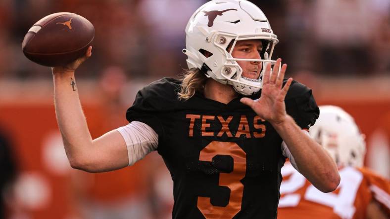 April 23, 2022; Austin, TX, USA; Texas quarterback Quinn Ewers (3) throws a pass during Texas's annual spring football game at Royal Memorial Stadium in Austin, Texas on April 23, 2022. Mandatory Credit: Aaron E. Martinez-USA TODAY NETWORK