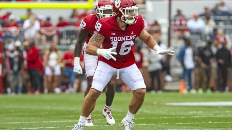 Apr 23, 2022; Norman, Oklahoma, USA;  Oklahoma Sooners linebacker T.D. Roof (18) in action during the spring game at Gaylord Family Oklahoma Memorial Stadium. Mandatory Credit: Kevin Jairaj-USA TODAY Sports