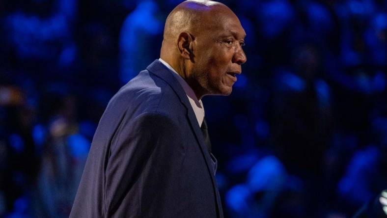 February 20, 2022; Cleveland, Ohio, USA; NBA great Elvin Hayes is honored for being selected to the NBA 75th Anniversary Team during halftime in the 2022 NBA All-Star Game at Rocket Mortgage FieldHouse. Mandatory Credit: Kyle Terada-USA TODAY Sports