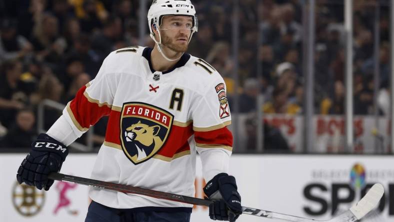 Apr 26, 2022; Boston, Massachusetts, USA; Florida Panthers left wing Jonathan Huberdeau (11) during the first period against the Boston Bruins at TD Garden. Mandatory Credit: Winslow Townson-USA TODAY Sports