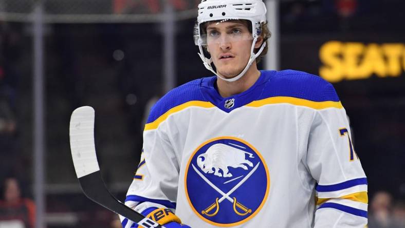 Apr 17, 2022; Philadelphia, Pennsylvania, USA; Buffalo Sabres right wing Tage Thompson (72) against the Philadelphia Flyers at Wells Fargo Center. Mandatory Credit: Eric Hartline-USA TODAY Sports