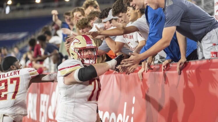 Apr 30, 2022; Birmingham, AL, USA; Birmingham Stallions offensive lineman Cameron Hunt (78) celebrates a win over the New Orleans Breakers with the fans at Protective Stadium. Mandatory Credit: Vasha Hunt-USA TODAY Sports