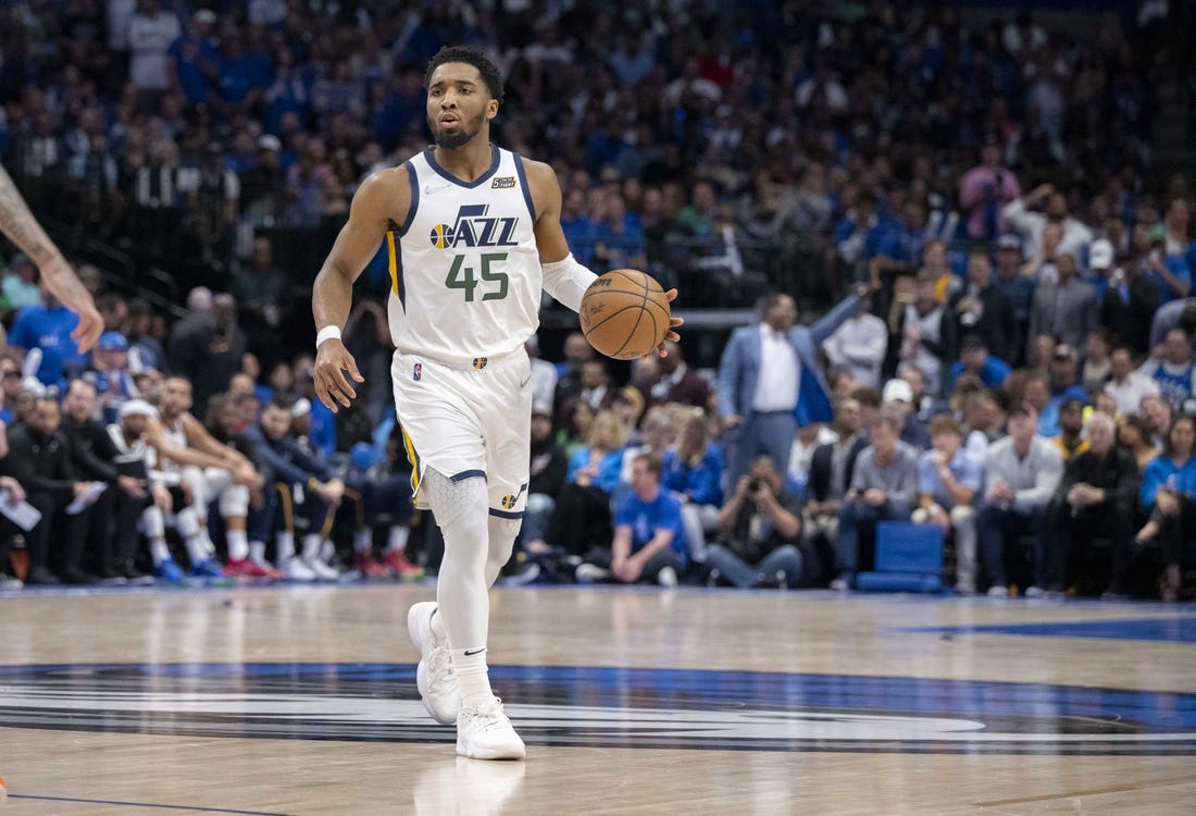 Apr 25, 2022; Dallas, Texas, USA; Utah Jazz guard Donovan Mitchell (45) in action during the game between the Dallas Mavericks and the Utah Jazz in game five of the first round for the 2022 NBA playoffs at American Airlines Center. Mandatory Credit: Jerome Miron-USA TODAY Sports