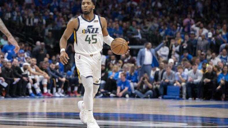 Apr 25, 2022; Dallas, Texas, USA; Utah Jazz guard Donovan Mitchell (45) in action during the game between the Dallas Mavericks and the Utah Jazz in game five of the first round for the 2022 NBA playoffs at American Airlines Center. Mandatory Credit: Jerome Miron-USA TODAY Sports