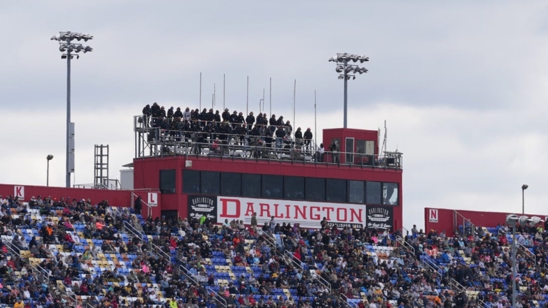 May 8, 2022; Darlington, South Carolina, USA; A general view of the press box and front stretch grand stands during the Goodyear 400 at Darlington Raceway. Mandatory Credit: Jasen Vinlove-USA TODAY Sports
