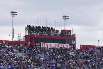 May 8, 2022; Darlington, South Carolina, USA; A general view of the press box and front stretch grand stands during the Goodyear 400 at Darlington Raceway. Mandatory Credit: Jasen Vinlove-USA TODAY Sports