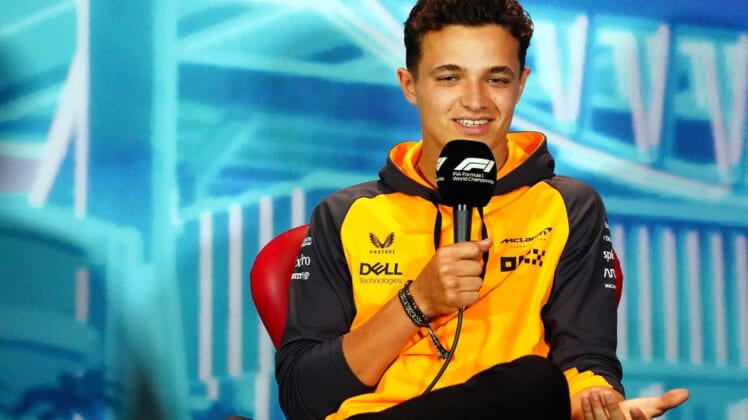 May 6, 2022; Miami Gardens, Florida, USA; McLaren driver Lando Norris of Britain talks with the media during a press conference before their practice session for the Miami Grand Prix at Miami International Autodrome. Mandatory Credit: John David Mercer-USA TODAY Sports