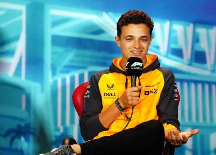 May 6, 2022; Miami Gardens, Florida, USA; McLaren driver Lando Norris of Britain talks with the media during a press conference before their practice session for the Miami Grand Prix at Miami International Autodrome. Mandatory Credit: John David Mercer-USA TODAY Sports