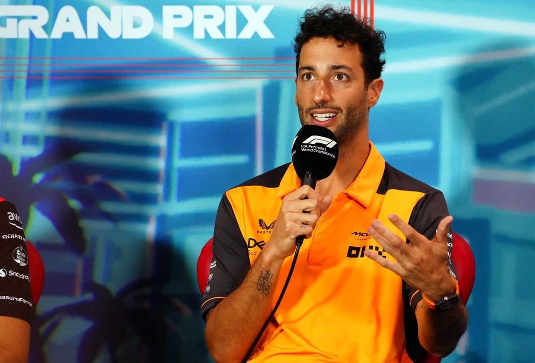 May 6, 2022; Miami Gardens, Florida, USA; McLaren driver Daniel Ricciardo of Australia  talks with the media during a press conference before their practice session for the Miami Grand Prix at Miami International Autodrome. Mandatory Credit: John David Mercer-USA TODAY Sports