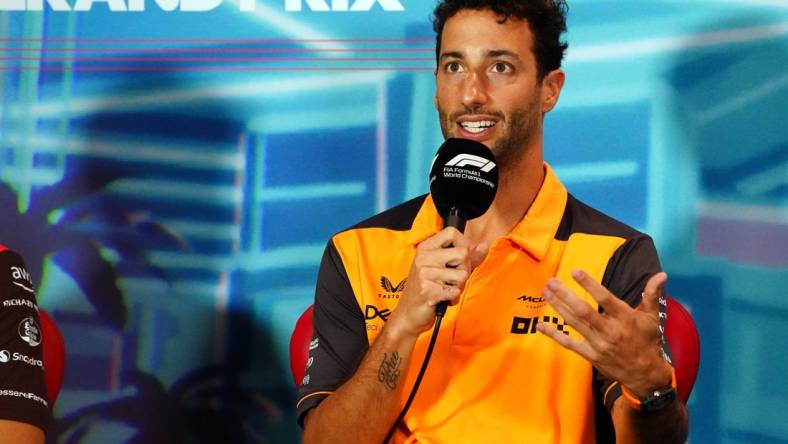 May 6, 2022; Miami Gardens, Florida, USA; McLaren driver Daniel Ricciardo of Australia  talks with the media during a press conference before their practice session for the Miami Grand Prix at Miami International Autodrome. Mandatory Credit: John David Mercer-USA TODAY Sports