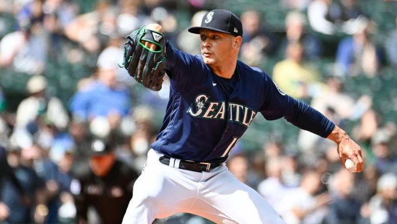 May 11, 2022; Seattle, Washington, USA; Seattle Mariners relief pitcher Anthony Misiewicz (18) pitches against the Philadelphia Phillies during the seventh inning at T-Mobile Park. Mandatory Credit: Steven Bisig-USA TODAY Sports