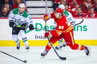 May 11, 2022; Calgary, Alberta, CAN; Calgary Flames left wing Andrew Mangiapane (88) shoot the puck against the Dallas Stars during the second period in game five of the first round of the 2022 Stanley Cup Playoffs at Scotiabank Saddledome. Mandatory Credit: Sergei Belski-USA TODAY Sports
