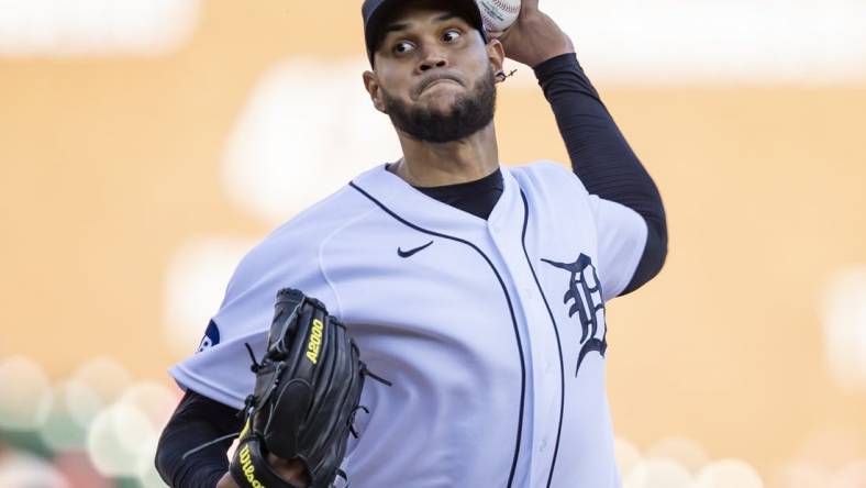 May 13, 2022; Detroit, Michigan, USA; Detroit Tigers starting pitcher Eduardo Rodriguez (57) pitches during the first inning against the Baltimore Orioles at Comerica Park. Mandatory Credit: Raj Mehta-USA TODAY Sports