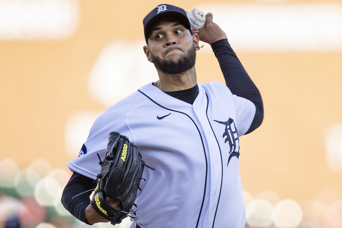 May 13, 2022; Detroit, Michigan, USA; Detroit Tigers starting pitcher Eduardo Rodriguez (57) pitches during the first inning against the Baltimore Orioles at Comerica Park. Mandatory Credit: Raj Mehta-USA TODAY Sports