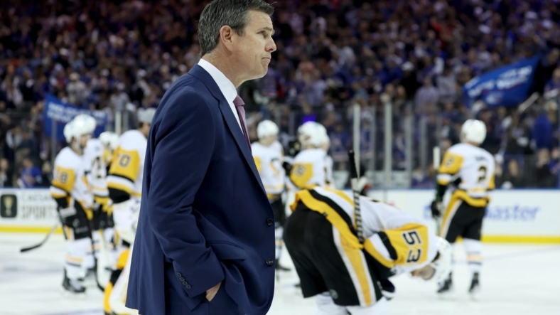 May 15, 2022; New York, New York, USA; Pittsburgh Penguins head coach Mike Sullivan walks off the ice after losing to the New York Rangers 4-3 in overtime of game seven of the first round of the 2022 Stanley Cup Playoffs at Madison Square Garden. Mandatory Credit: Brad Penner-USA TODAY Sports