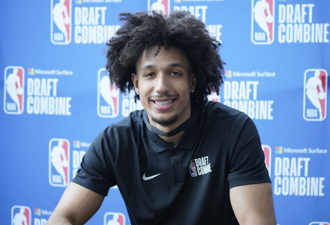 May 19, 2022; Chicago, IL, USA; Christian Koloko talks to the media during the 2022 NBA Draft Combine at Wintrust Arena. Mandatory Credit: David Banks-USA TODAY Sports