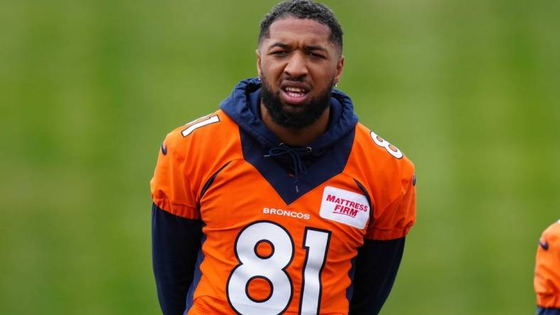 May 23, 2022; Englewood, CO, USA; Denver Broncos wide receiver Tim Patrick (81) during OTA workouts at the UC Health Training Center. Mandatory Credit: Ron Chenoy-USA TODAY Sports