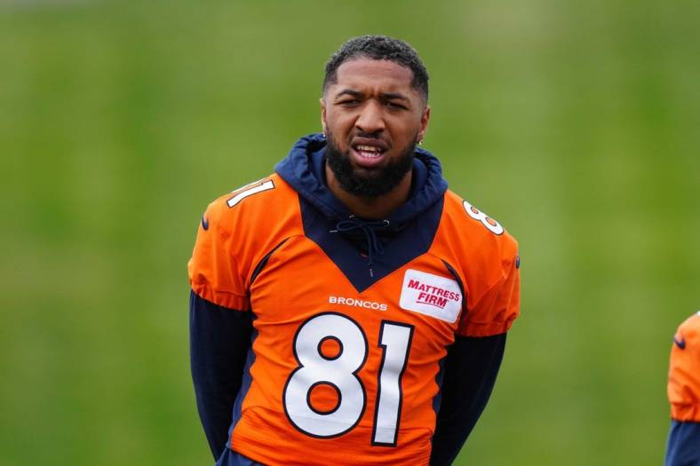 May 23, 2022; Englewood, CO, USA; Denver Broncos wide receiver Tim Patrick (81) during OTA workouts at the UC Health Training Center. Mandatory Credit: Ron Chenoy-USA TODAY Sports