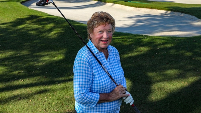 Joanne Carner, 83, an LPGA legend who remains very active, stands near sand traps at Pine Tree Golf Club Tuesday morning, May 17, 2022.Pbc50 Joanne Carner 1