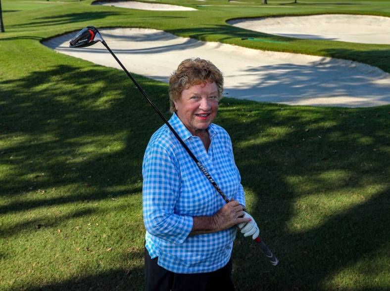 Joanne Carner, 83, an LPGA legend who remains very active, stands near sand traps at Pine Tree Golf Club Tuesday morning, May 17, 2022.

Pbc50 Joanne Carner 1