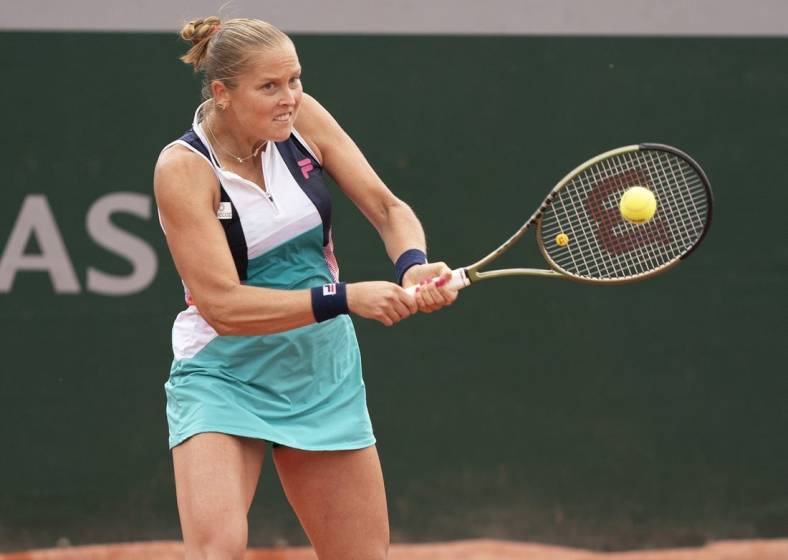 May 26, 2022; Paris, France; Shelby Rogers (USA) returns a shot from Danielle Collins (USA) during their match on day five of the French Open at Stade Roland-Garros. Mandatory Credit: Susan Mullane-USA TODAY Sports