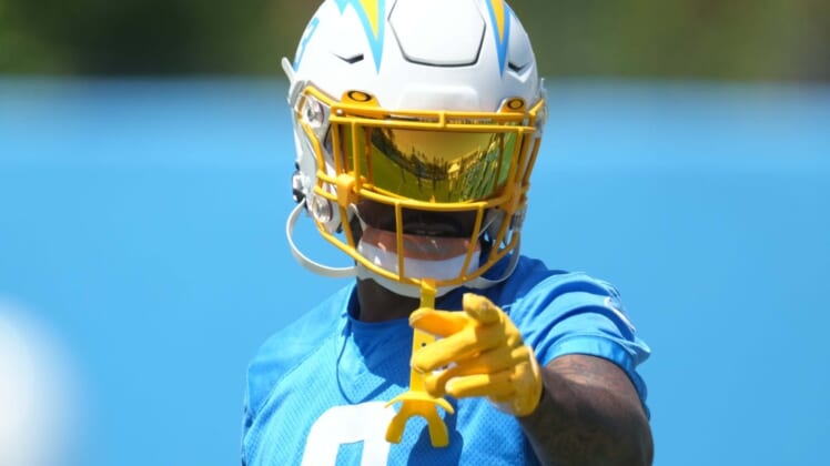 Jun 1, 2022; Costa Mesa, CA, USA; Los Angeles Chargers safety Derwin James Jr. (3) during organized team activities at Hoag Performance Center. Mandatory Credit: Kirby Lee-USA TODAY Sports