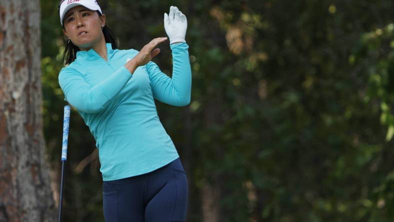 Jun 2, 2022; Southern Pines, North Carolina, USA; Danielle Kang reacts after hitting her tee shot on the twelfth hole during the first round of the U.S. Women's Open. Mandatory Credit: Geoff Burke-USA TODAY Sports