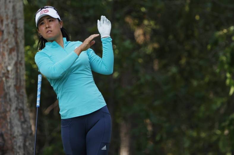 Jun 2, 2022; Southern Pines, North Carolina, USA; Danielle Kang reacts after hitting her tee shot on the twelfth hole during the first round of the U.S. Women's Open. Mandatory Credit: Geoff Burke-USA TODAY Sports