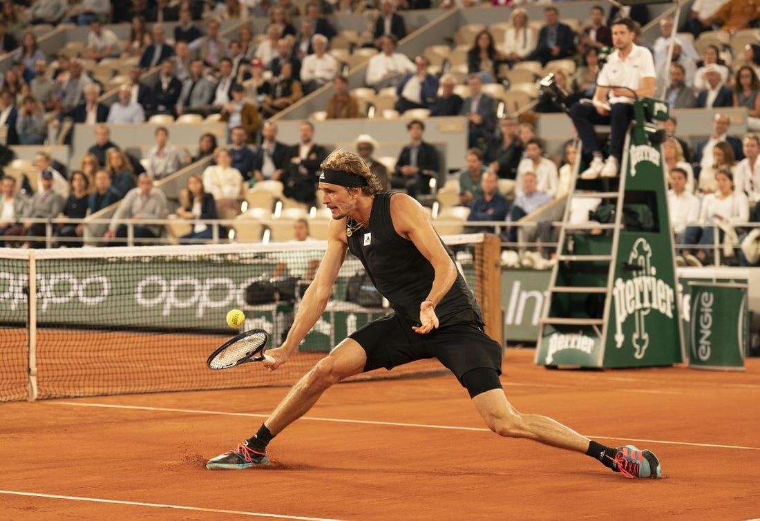 June 3, 2022; Paris, France; Alexander Zverev (GER) returns a shot during his semifinal match against Rafael Nadal (ESP)on day 13 of the French Open at Stade Roland-Garros. Mandatory Credit: Susan Mullane-USA TODAY Sports