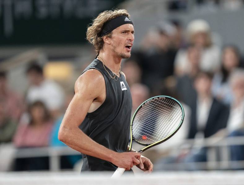 June 3, 2022; Paris, France; Alexander Zverev (GER) reacts to a point a shot during his semifinal match against Rafael Nadal (ESP)on day 13 of the French Open at Stade Roland-Garros. Mandatory Credit: Susan Mullane-USA TODAY Sports