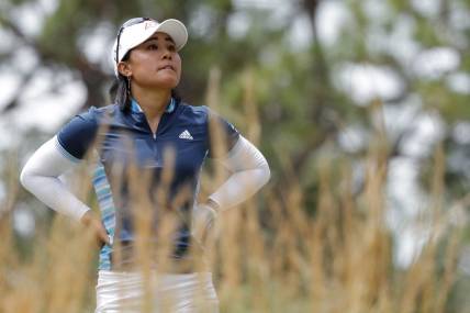 Jun 3, 2022; Southern Pines, North Carolina, USA; Danielle Kang reacts after hitting a tee shot on the fifth hole during the second round of the U.S. Women's Open. Mandatory Credit: Geoff Burke-USA TODAY Sports