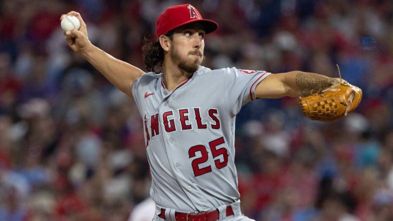 Jun 4, 2022; Philadelphia, Pennsylvania, USA; Los Angeles Angels relief pitcher Michael Lorenzen (25) throws a pitch during the fourth inning against the Philadelphia Phillies at Citizens Bank Park. Mandatory Credit: Bill Streicher-USA TODAY Sports