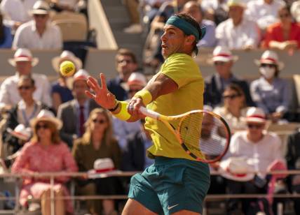 June 5, 2022; Paris, France; Rafael Nadal (ESP) returns a shot during the men s singles final against Casper Ruud (NOR) on day 15 of the French Open at Stade Roland-Garros. Mandatory Credit: Susan Mullane-USA TODAY Sports