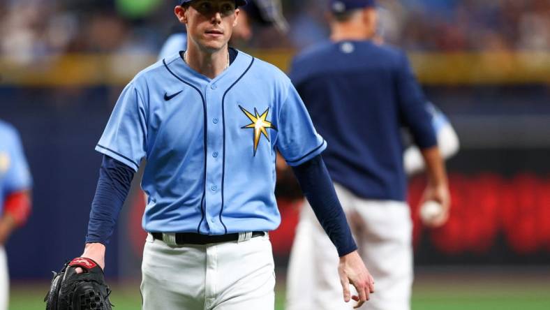 Jun 5, 2022; St. Petersburg, Florida, USA;  Tampa Bay Rays relief pitcher Ryan Yarbrough (48) reacts after being taking out of a game against the Chicago White Sox in the second inning at Tropicana Field. Mandatory Credit: Nathan Ray Seebeck-USA TODAY Sports